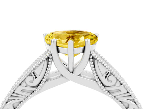 White gold Heart Cut Yellow Sapphire Solitaire Ring with Engraved Band and Four-Prong Setting_4