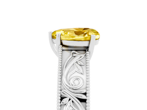 White gold Heart Cut Yellow Sapphire Solitaire Ring with Engraved Band and Four-Prong Setting_5