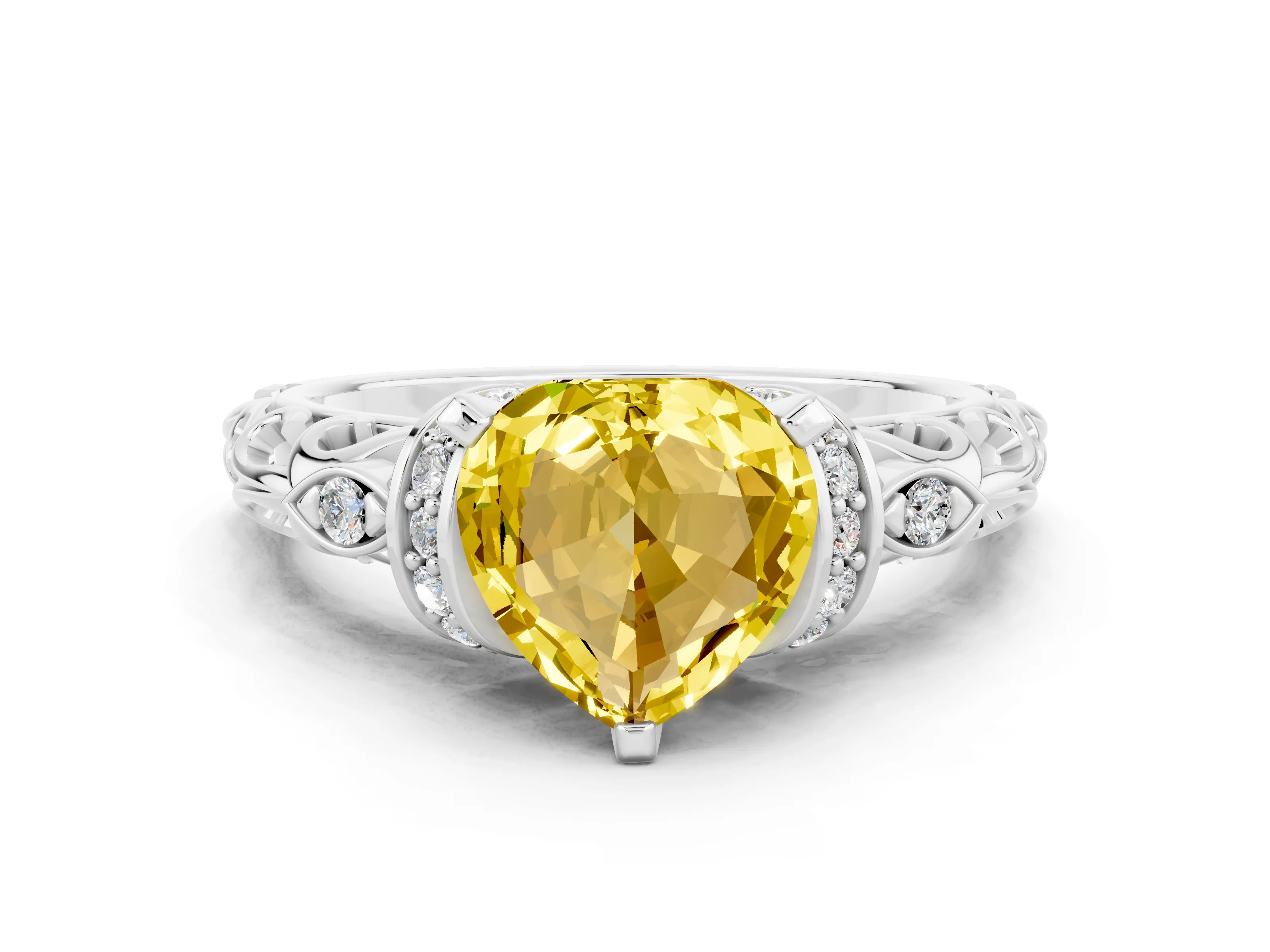 White gold Heart Cut Yellow Sapphire Solitaire Ring with Filigree Band and Four-Prong Setting_48