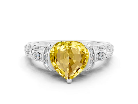 White gold Heart Cut Yellow Sapphire Solitaire Ring with Filigree Band and Four-Prong Setting_48