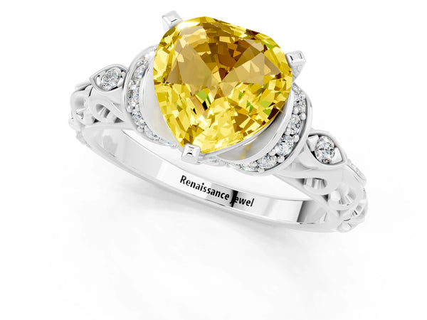 Platinum Heart Cut Yellow Sapphire Solitaire Ring with Filigree Band and Four-Prong Setting