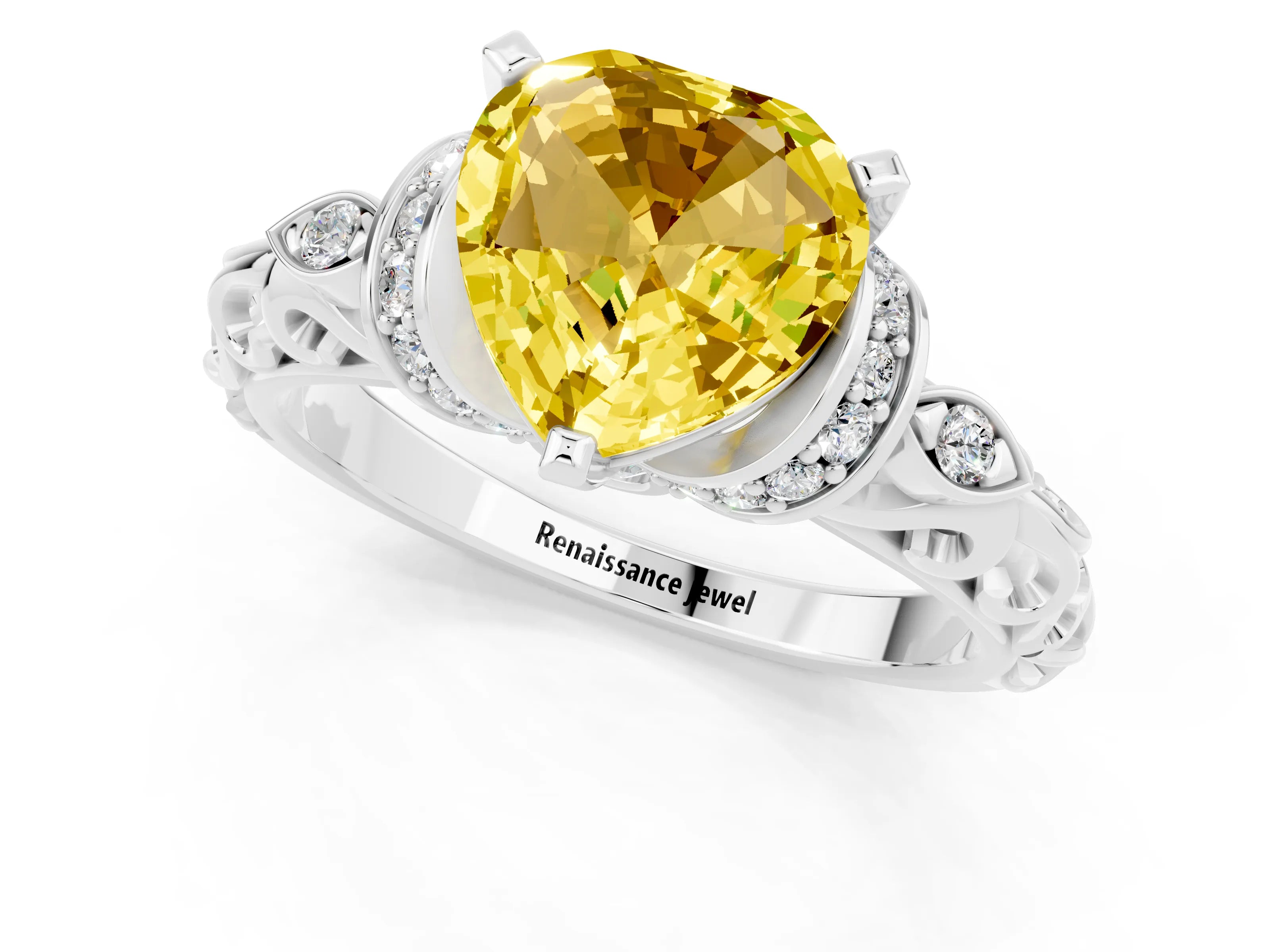 White gold Heart Cut Yellow Sapphire Solitaire Ring with Filigree Band and Four-Prong Setting_49