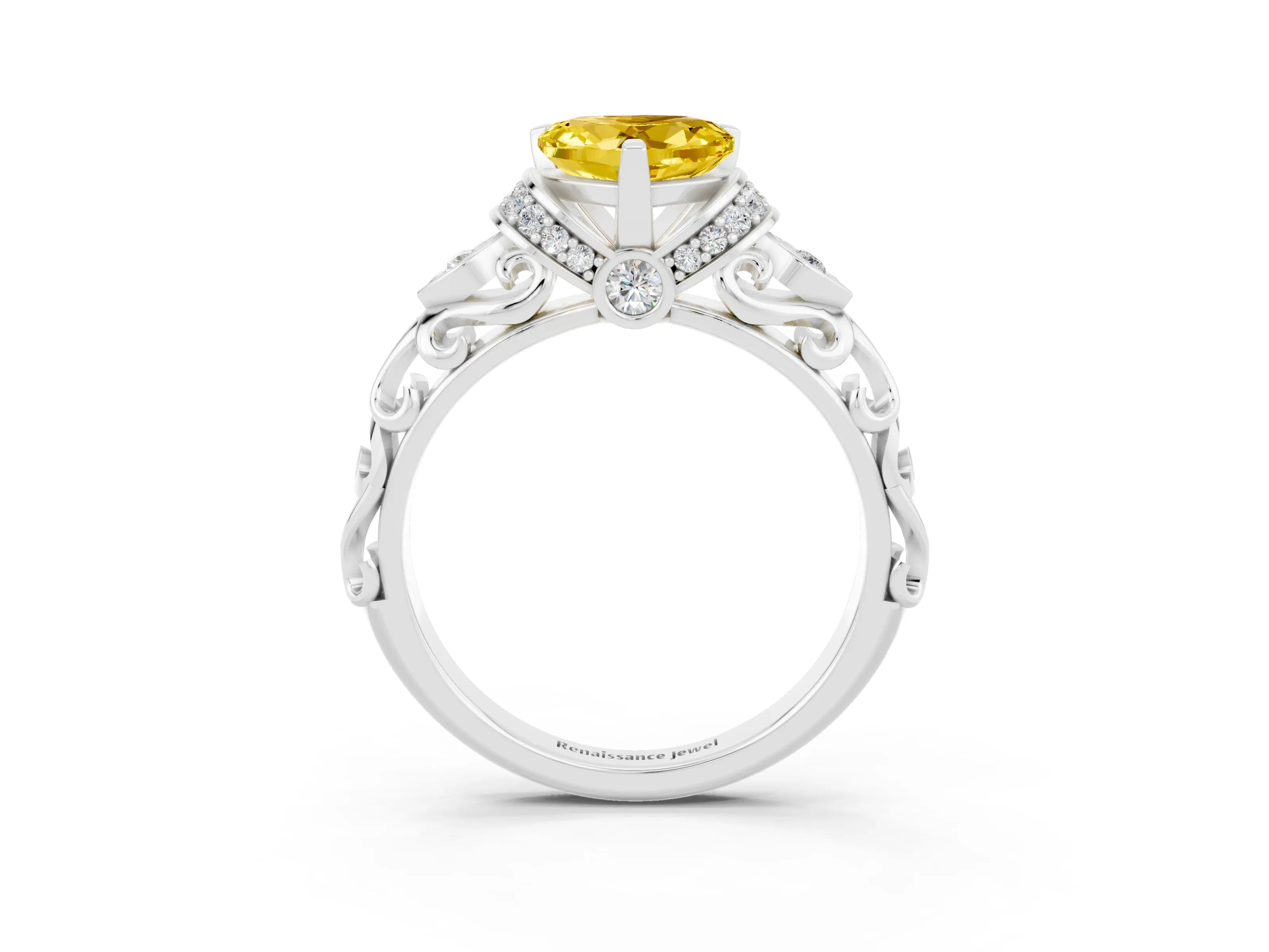 White gold Heart Cut Yellow Sapphire Solitaire Ring with Filigree Band and Four-Prong Setting_51