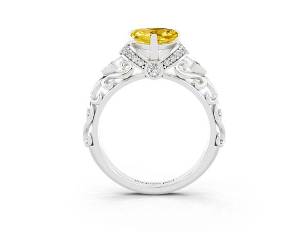 Silver Heart Cut Yellow Sapphire Solitaire Ring with Filigree Band and Four-Prong Setting