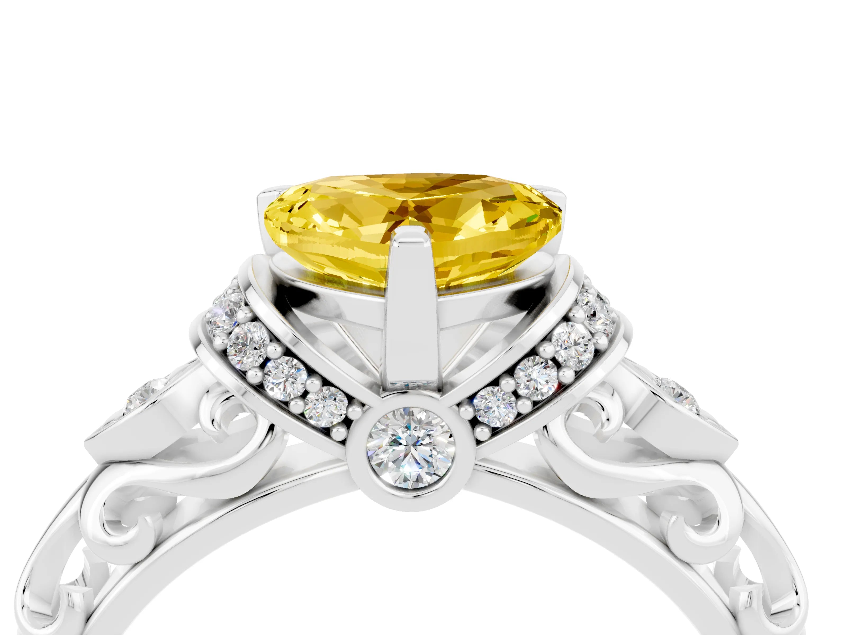 White gold Heart Cut Yellow Sapphire Solitaire Ring with Filigree Band and Four-Prong Setting_52