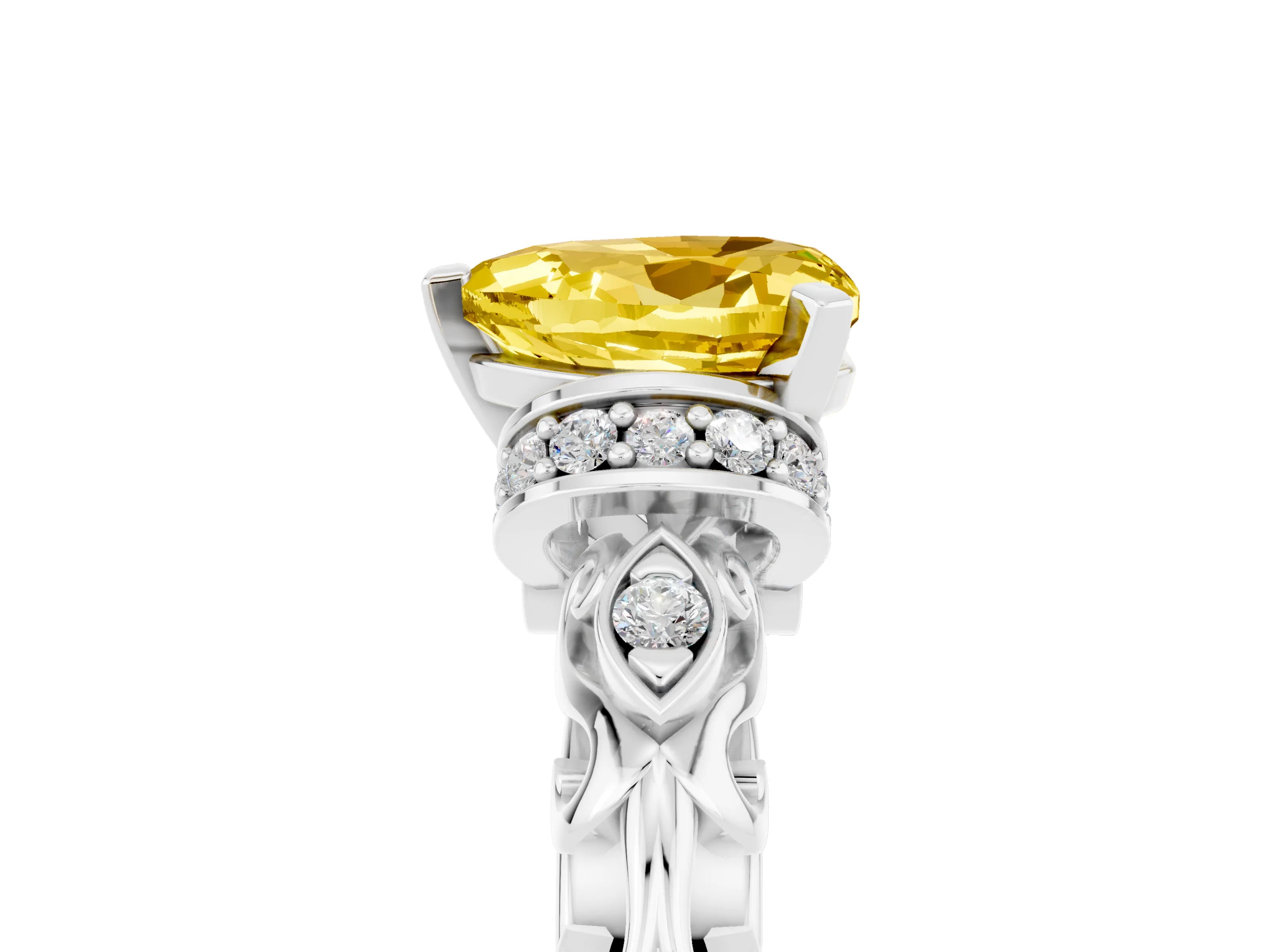 White gold Heart Cut Yellow Sapphire Solitaire Ring with Filigree Band and Four-Prong Setting_53