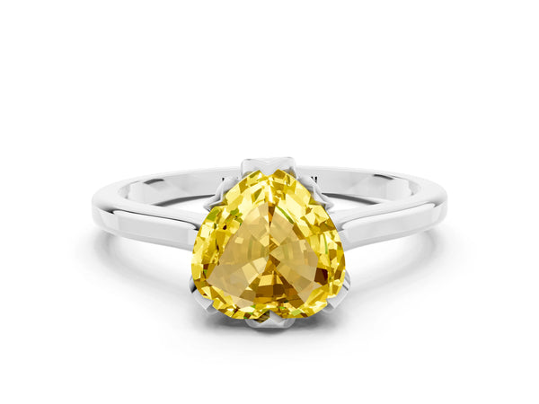 Silver Heart Cut Yellow Sapphire Solitaire Ring with Flower Prong Setting and Classic Band