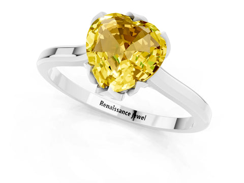 White gold Heart Cut Yellow Sapphire Solitaire Ring with Flower Prong Setting and Classic Band_13