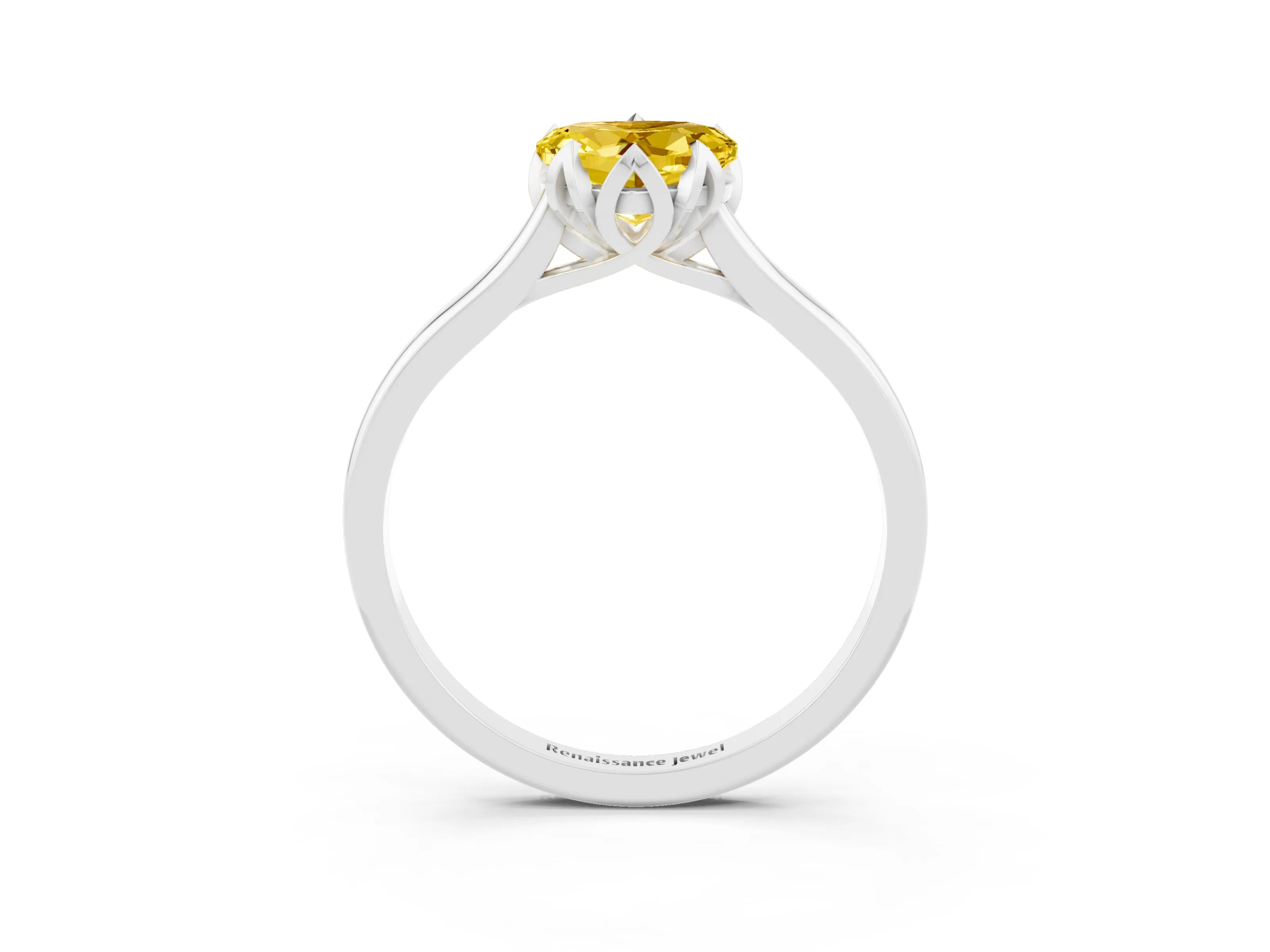 White gold Heart Cut Yellow Sapphire Solitaire Ring with Flower Prong Setting and Classic Band_15
