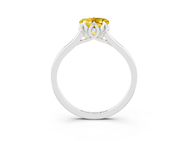 Silver Heart Cut Yellow Sapphire Solitaire Ring with Flower Prong Setting and Classic Band