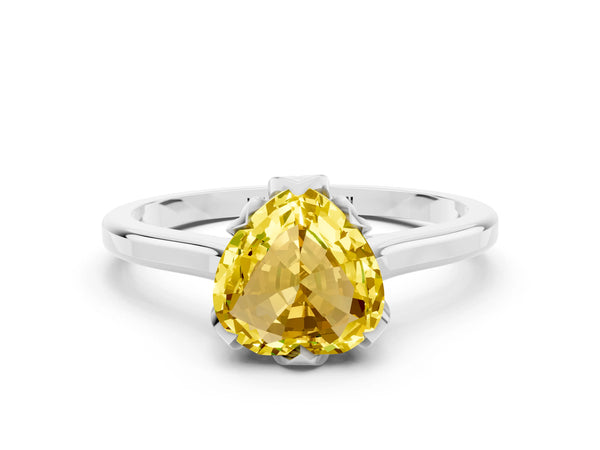 White gold Heart Cut Yellow Sapphire Solitaire Ring with Flower Prong Setting and Classic Band