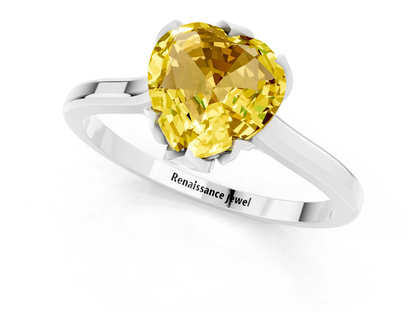 White gold Heart Cut Yellow Sapphire Solitaire Ring with Flower Prong Setting and Classic Band