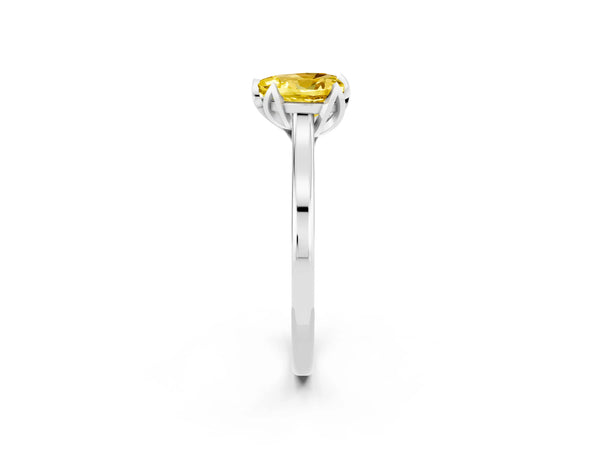 White gold Heart Cut Yellow Sapphire Solitaire Ring with Flower Prong Setting and Classic Band