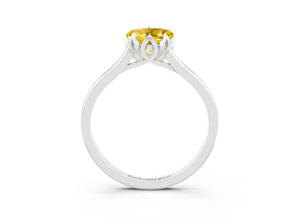 White gold Heart Cut Yellow Sapphire Solitaire Ring with Flower Prong Setting and Classic Band
