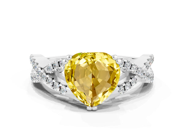 Platinum Heart Cut Yellow Sapphire Solitaire Ring with Four-Prong Setting and Twisted Pavé Band