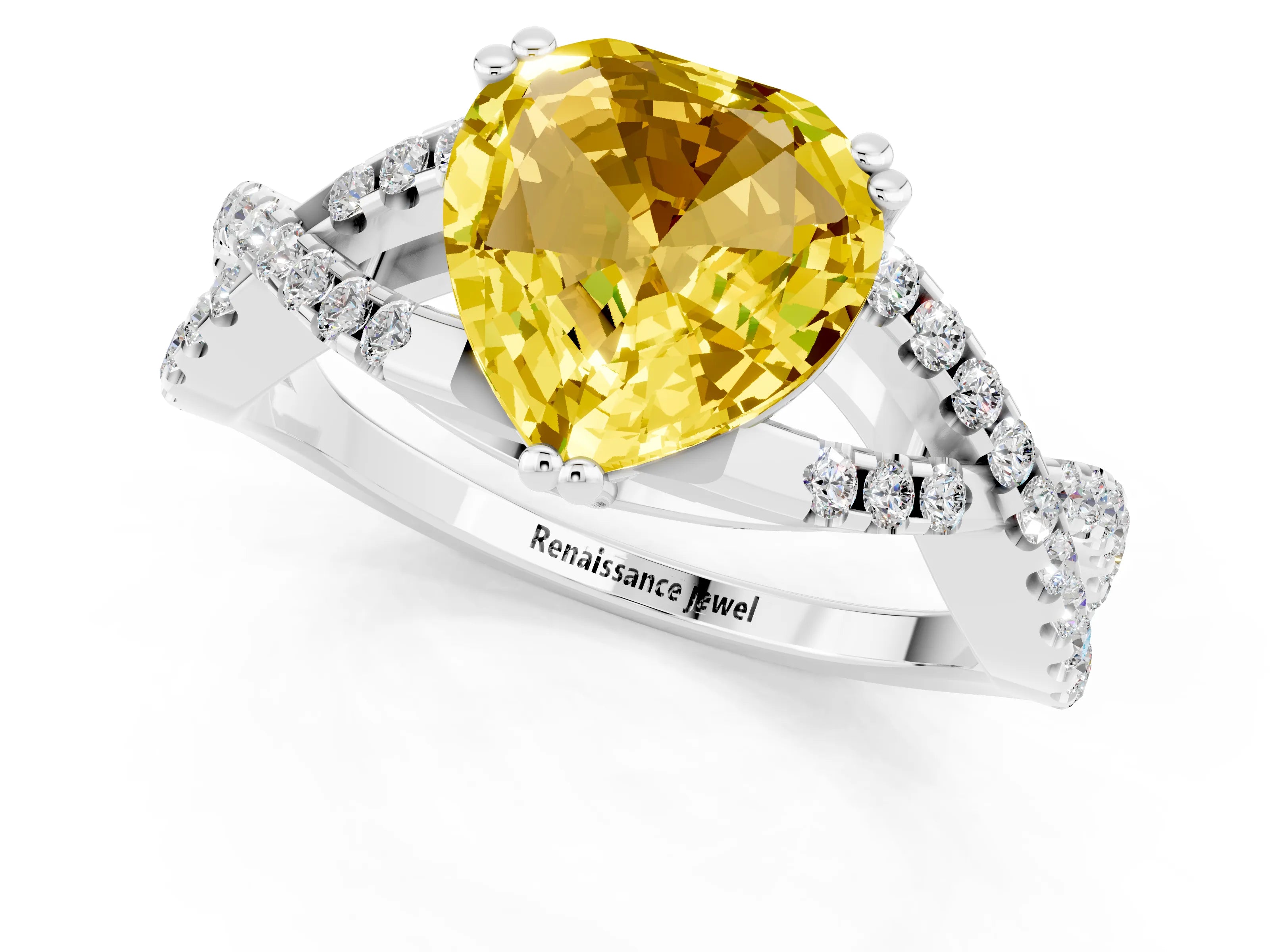 White gold Heart Cut Yellow Sapphire Solitaire Ring with Four-Prong Setting and Twisted Pavé Band_13
