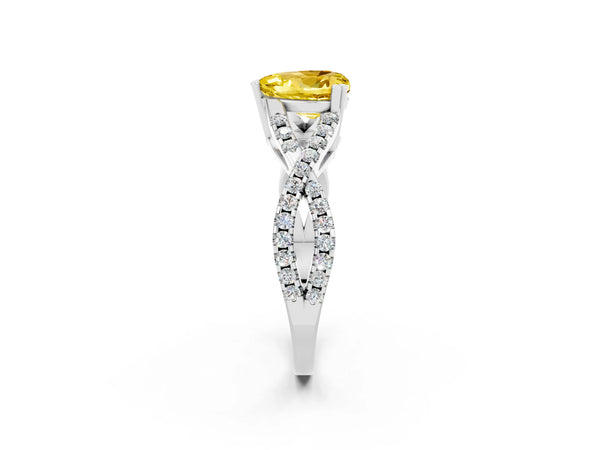 Silver Heart Cut Yellow Sapphire Solitaire Ring with Four-Prong Setting and Twisted Pavé Band