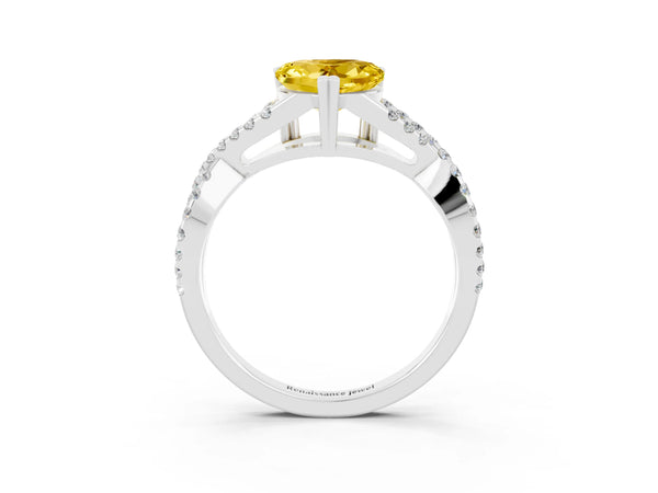 Platinum Heart Cut Yellow Sapphire Solitaire Ring with Four-Prong Setting and Twisted Pavé Band