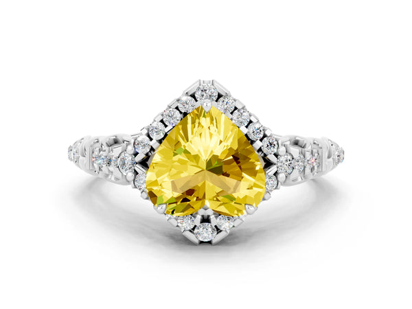 Platinum Heart Cut Yellow Sapphire Solitaire Ring with Hidden Halo and Pavé Band
