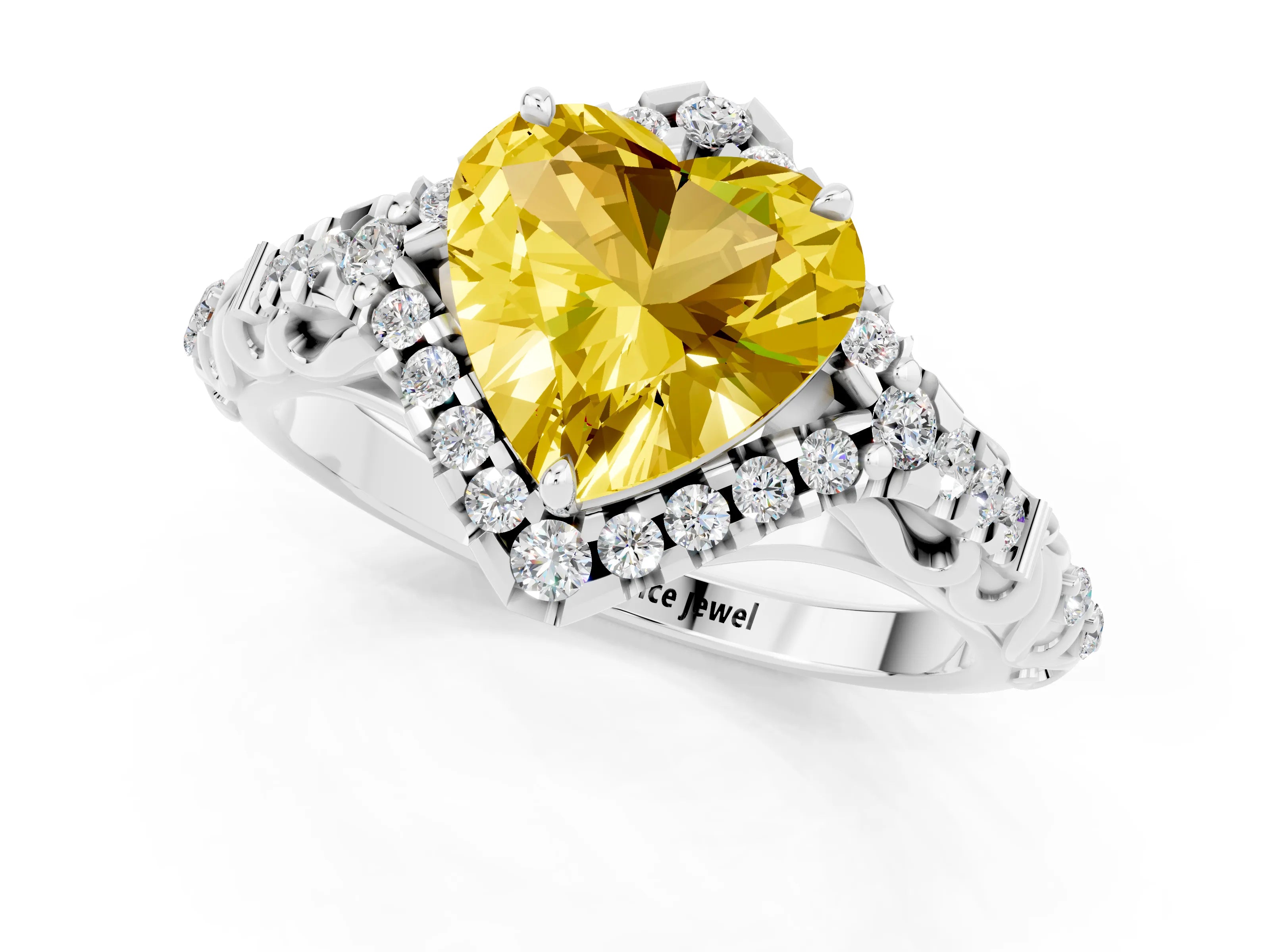 White gold Heart Cut Yellow Sapphire Solitaire Ring with Hidden Halo and Pavé Band_13