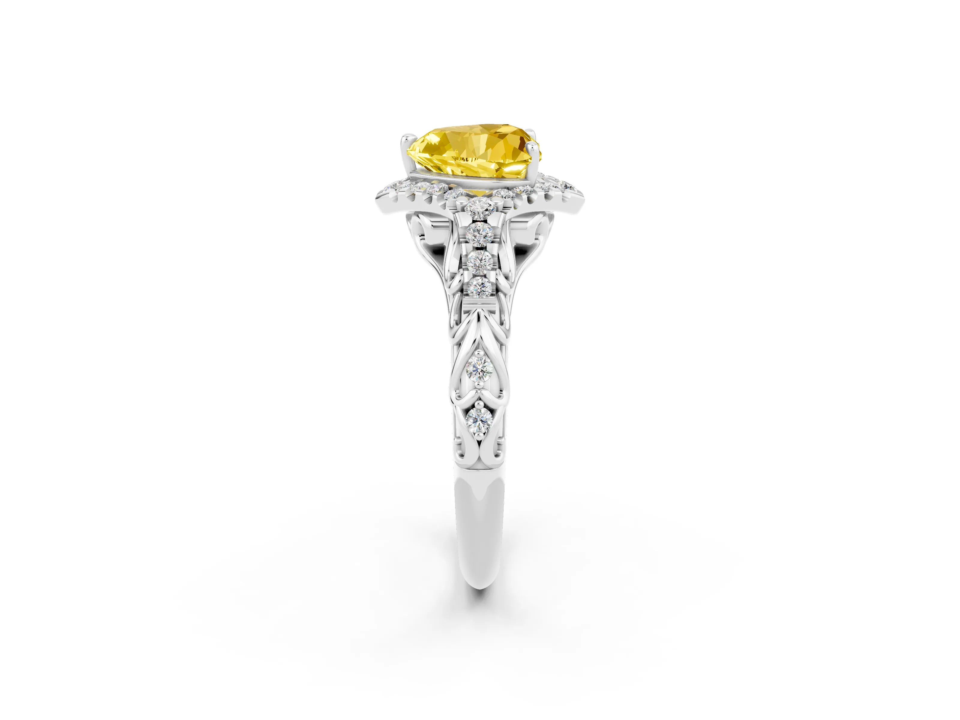 White gold Heart Cut Yellow Sapphire Solitaire Ring with Hidden Halo and Pavé Band_14