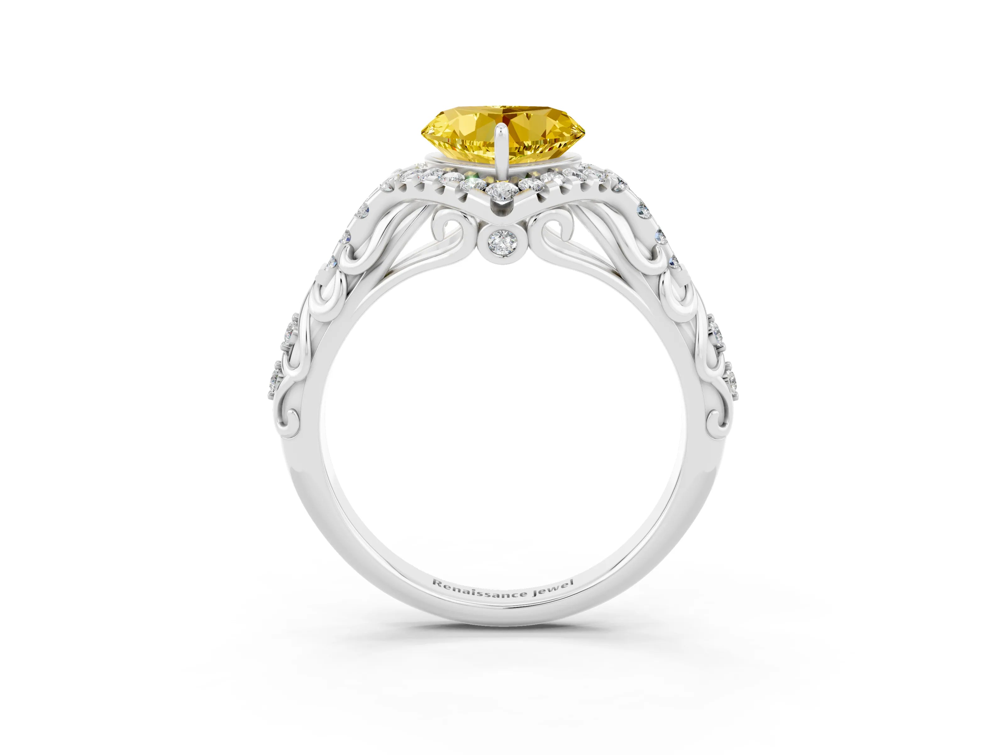 White gold Heart Cut Yellow Sapphire Solitaire Ring with Hidden Halo and Pavé Band_15