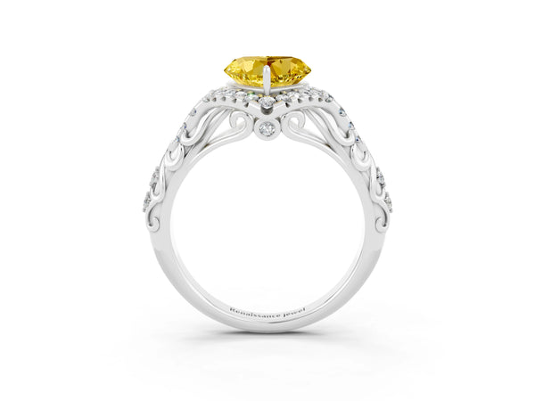 Silver Heart Cut Yellow Sapphire Solitaire Ring with Hidden Halo and Pavé Band