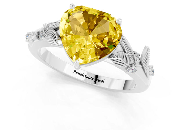 Platinum Heart Cut Yellow Sapphire Solitaire Ring with Leaf Motif Band and Four-Prong Setting