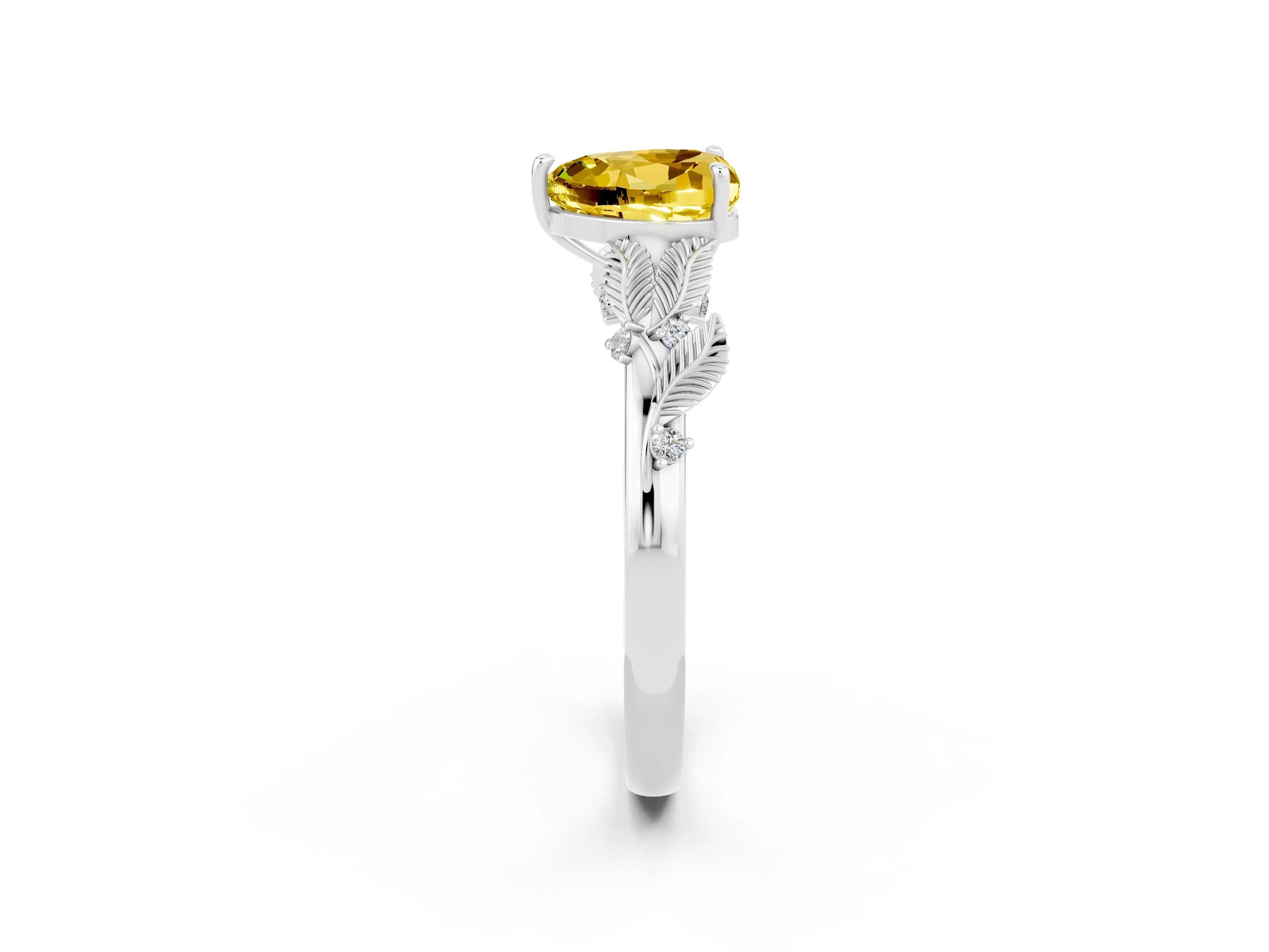 White gold Heart Cut Yellow Sapphire Solitaire Ring with Leaf Motif Band and Four-Prong Setting_14