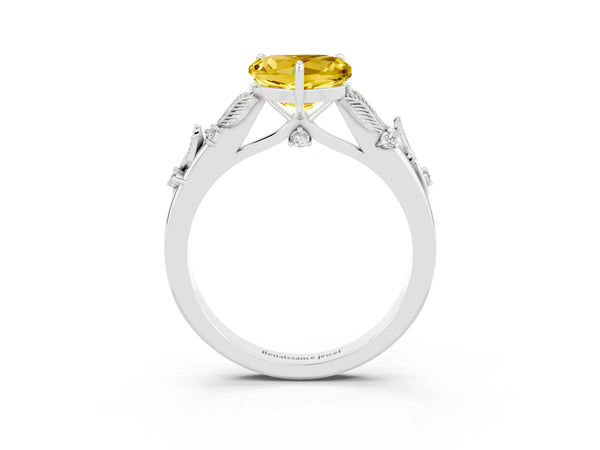 White gold Heart Cut Yellow Sapphire Solitaire Ring with Leaf Motif Band and Four-Prong Setting