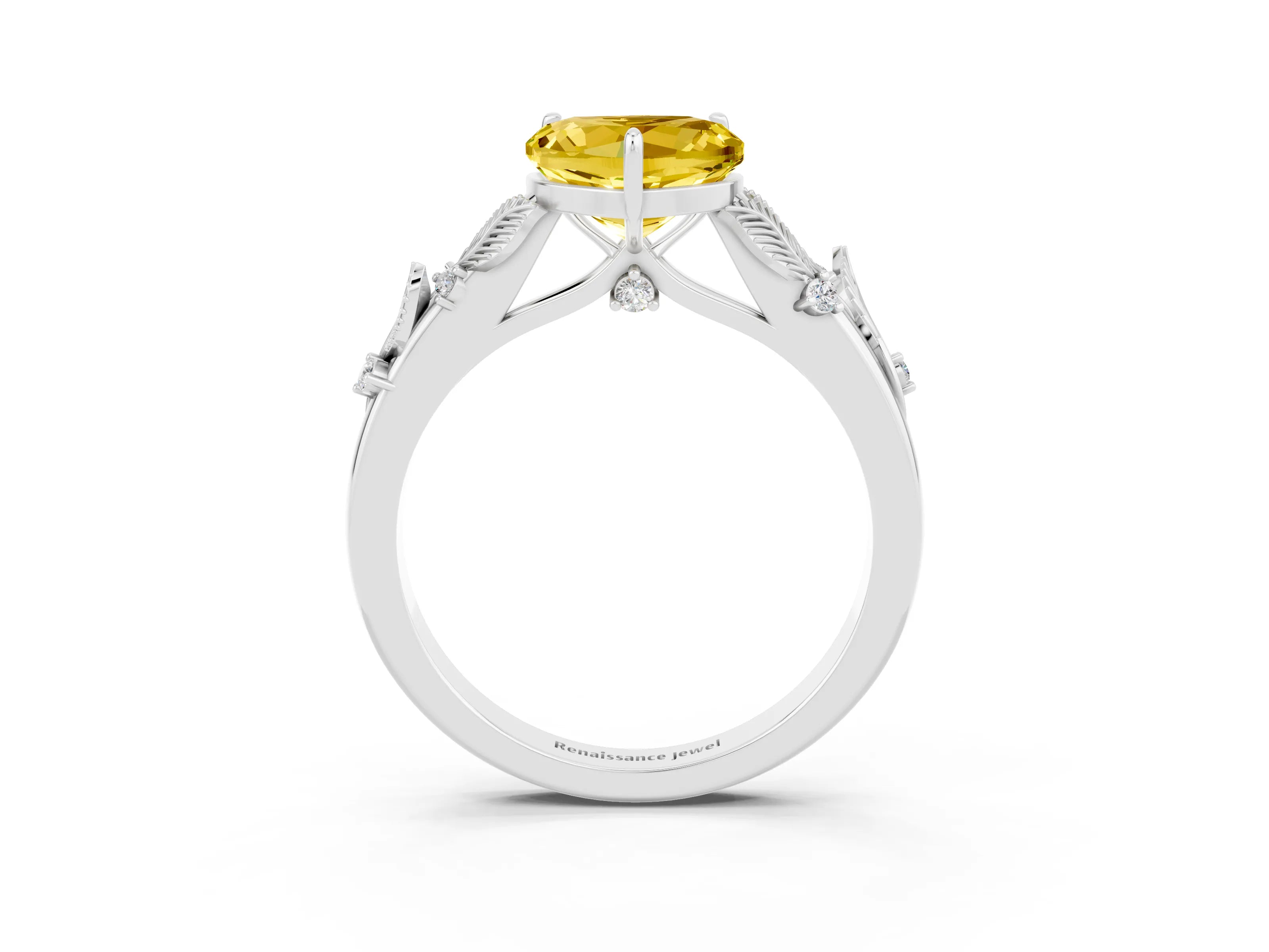 White gold Heart Cut Yellow Sapphire Solitaire Ring with Leaf Motif Band and Four-Prong Setting_3