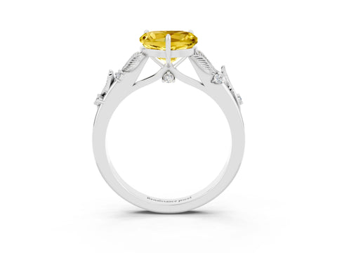 White gold Heart Cut Yellow Sapphire Solitaire Ring with Leaf Motif Band and Four-Prong Setting_3