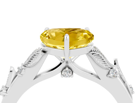 White gold Heart Cut Yellow Sapphire Solitaire Ring with Leaf Motif Band and Four-Prong Setting_4
