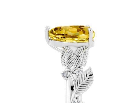White gold Heart Cut Yellow Sapphire Solitaire Ring with Leaf Motif Band and Four-Prong Setting_5