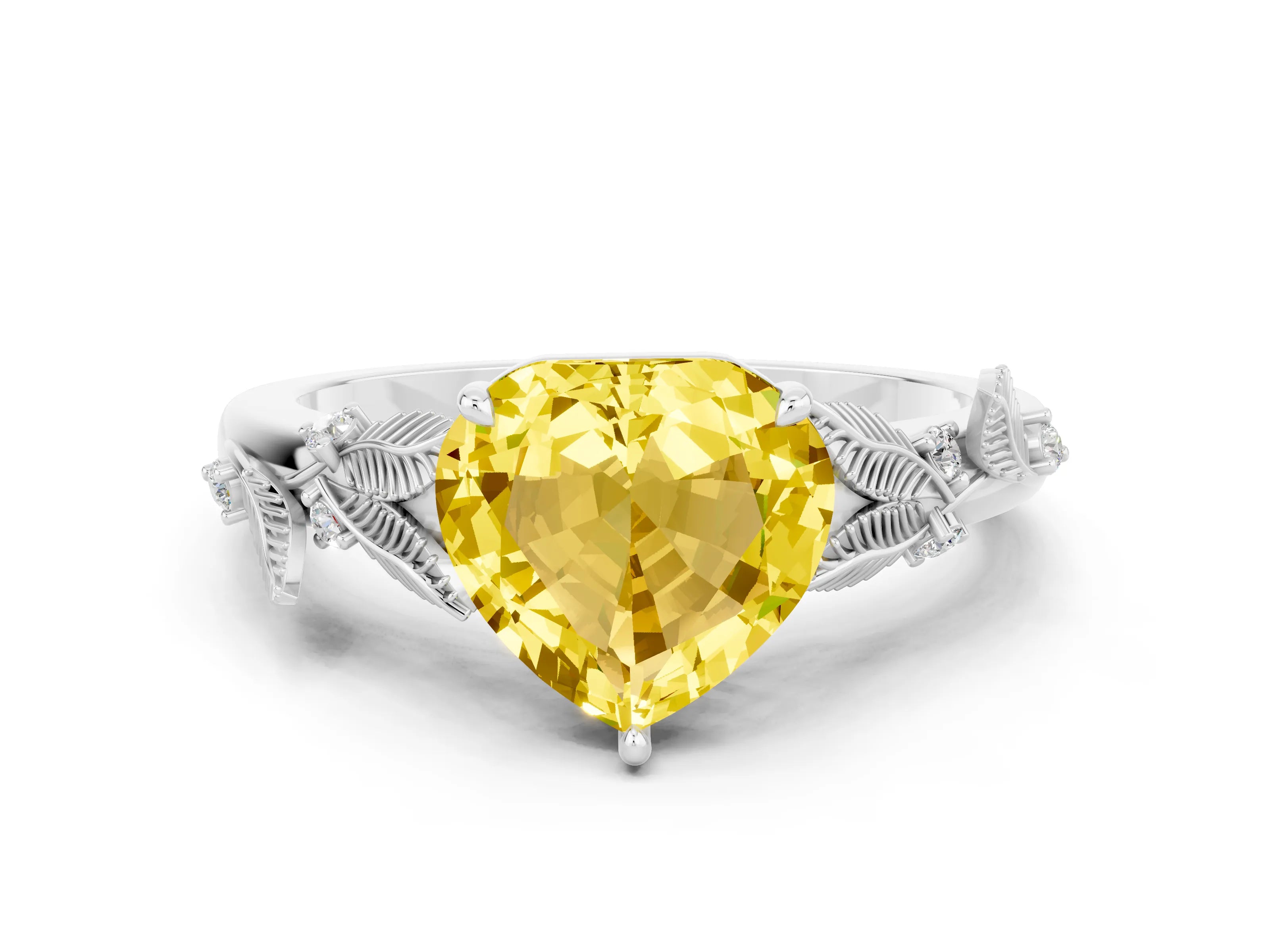 White gold Heart Cut Yellow Sapphire Solitaire Ring with Leaf Motif Band and Four-Prong Setting