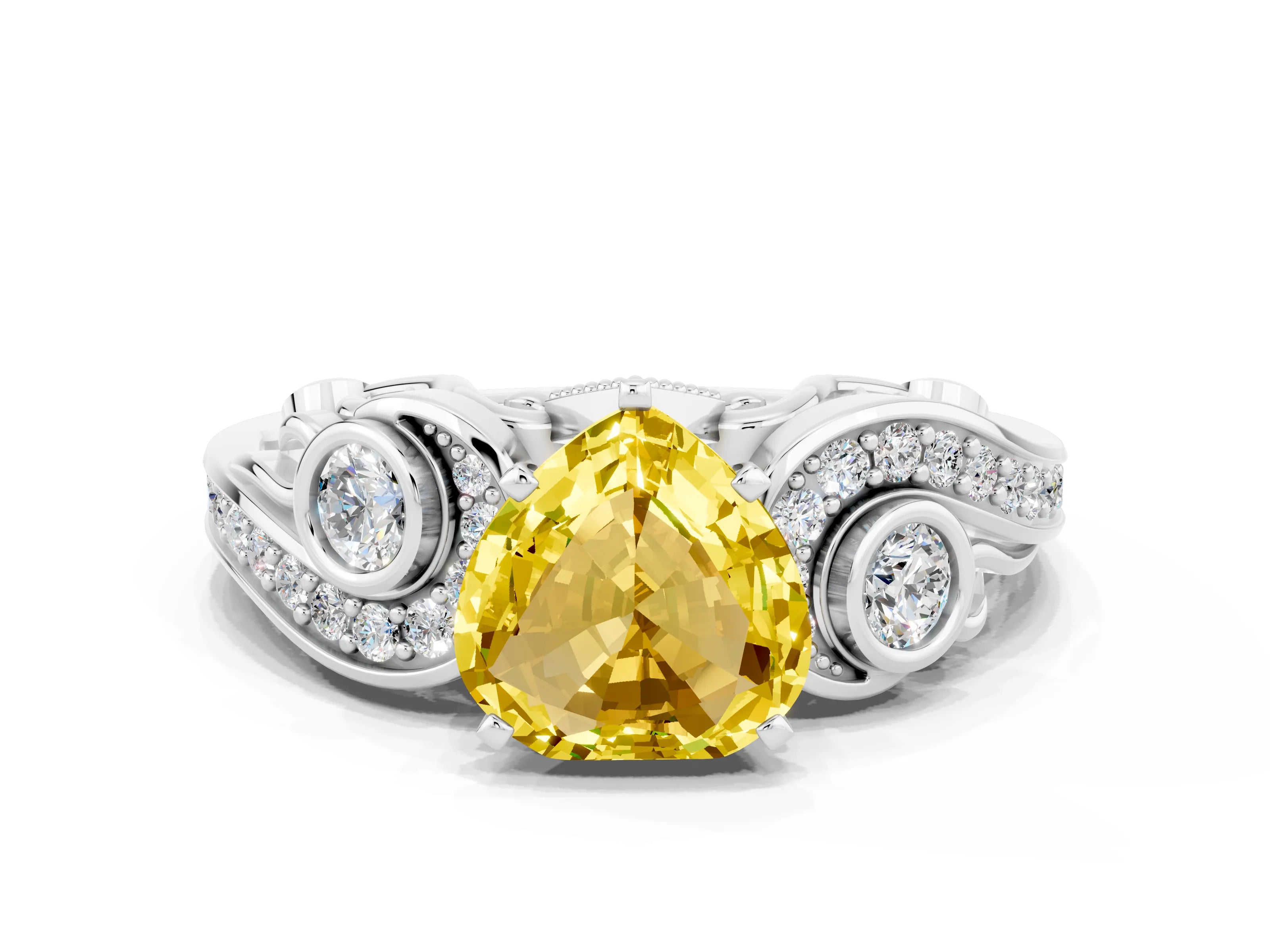 White gold Heart Cut Yellow Sapphire Solitaire Ring with Milgrain Pavé Band and Four-Prong Setting_12