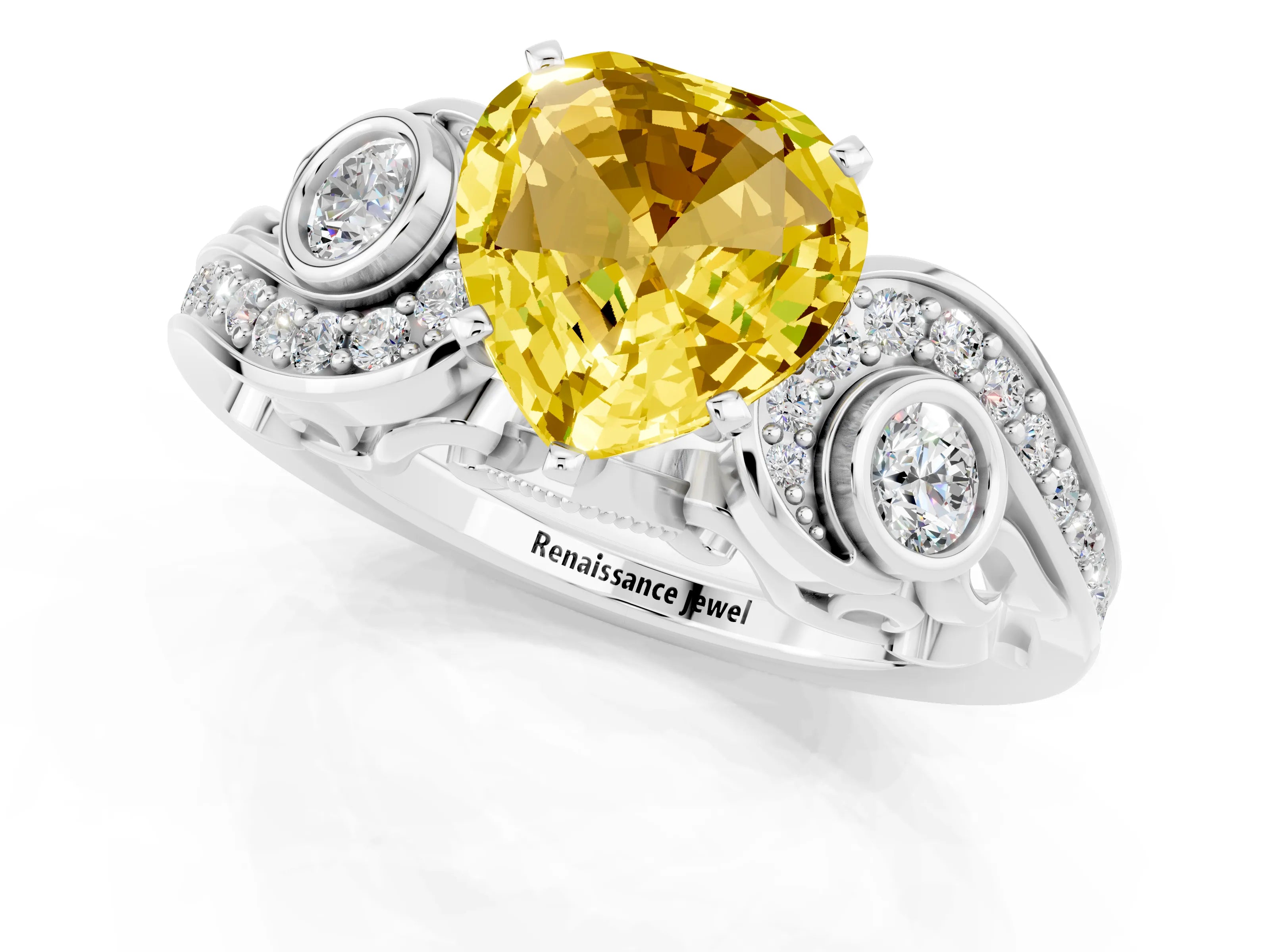 White gold Heart Cut Yellow Sapphire Solitaire Ring with Milgrain Pavé Band and Four-Prong Setting_13