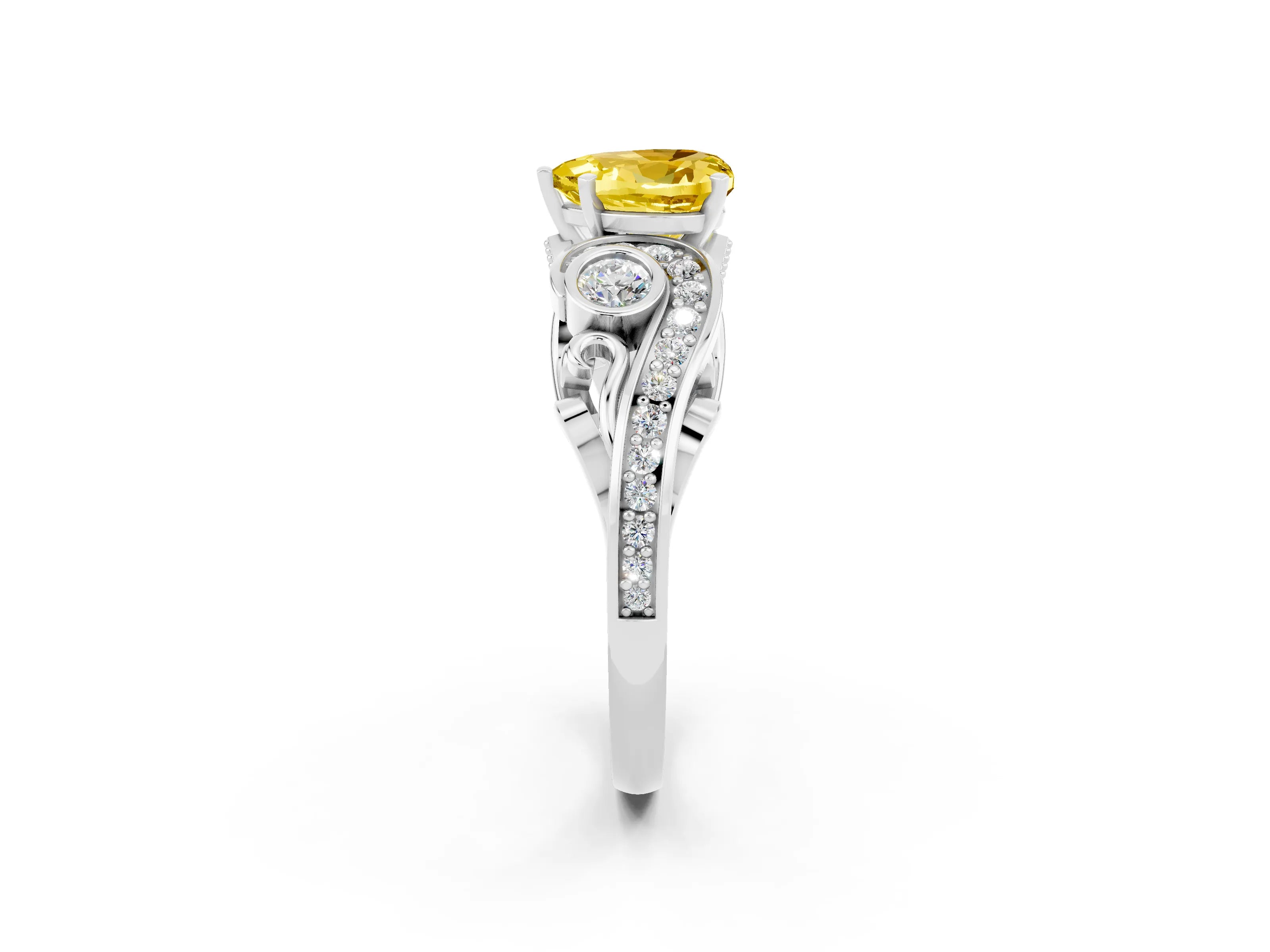 White gold Heart Cut Yellow Sapphire Solitaire Ring with Milgrain Pavé Band and Four-Prong Setting_14