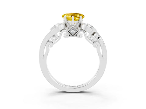 White gold Heart Cut Yellow Sapphire Solitaire Ring with Milgrain Pavé Band and Four-Prong Setting_15