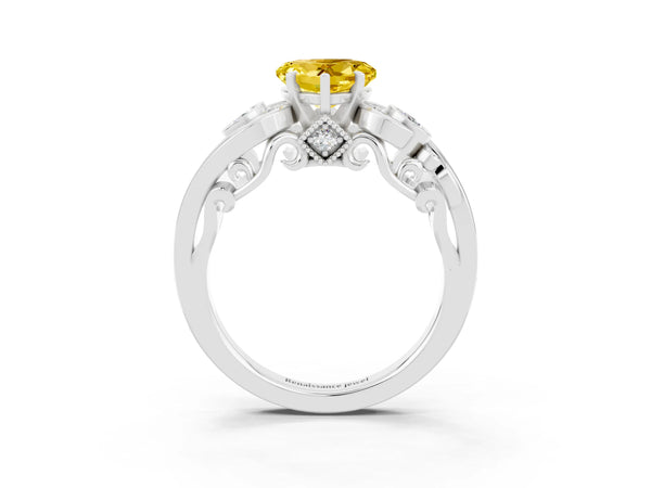 White gold Heart Cut Yellow Sapphire Solitaire Ring with Milgrain Pavé Band and Four-Prong Setting