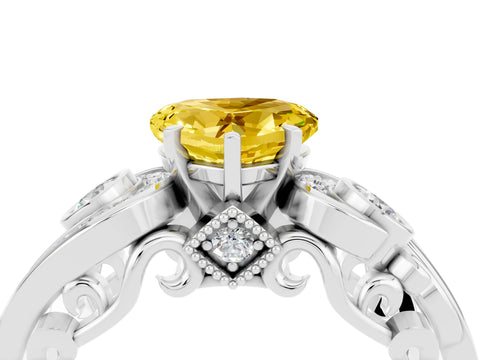 White gold Heart Cut Yellow Sapphire Solitaire Ring with Milgrain Pavé Band and Four-Prong Setting_52