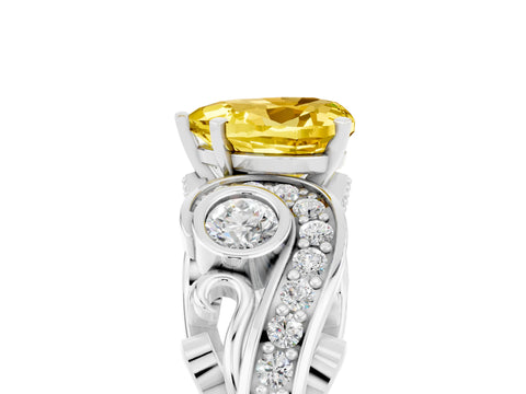 White gold Heart Cut Yellow Sapphire Solitaire Ring with Milgrain Pavé Band and Four-Prong Setting_53