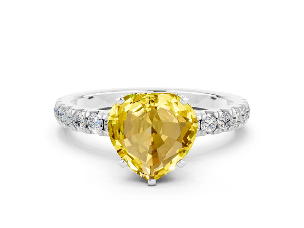 Platinum Heart Cut Yellow Sapphire Solitaire Ring with Pavé Accents and Four-Prong Setting