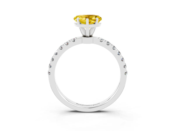 Silver Heart Cut Yellow Sapphire Solitaire Ring with Pavé Accents and Four-Prong Setting
