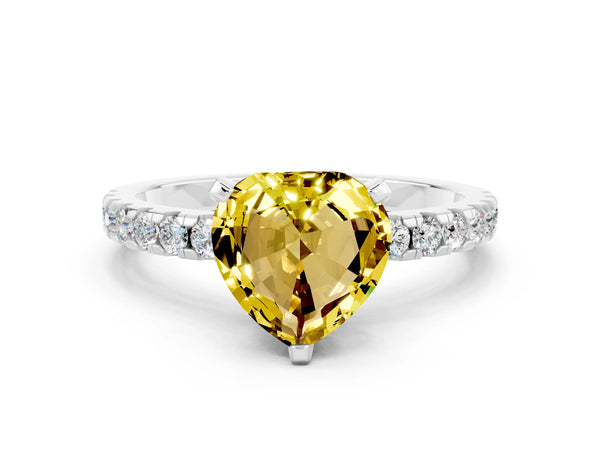 Platinum Heart Cut Yellow Sapphire Solitaire Ring with Round  Pavé Band and Four-Prong Setting
