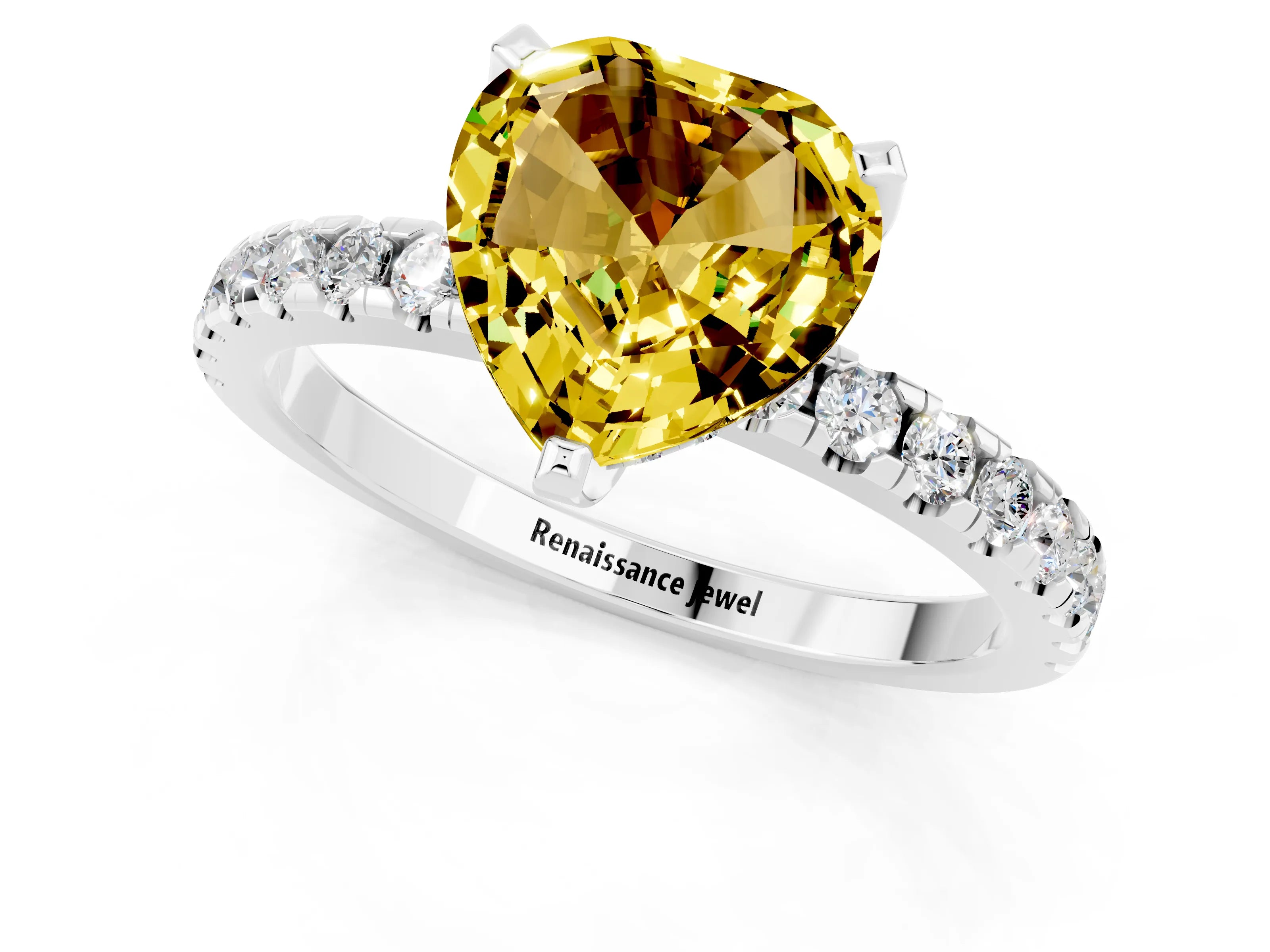 White gold Heart Cut Yellow Sapphire Solitaire Ring with Pavé Band and Four-Prong Setting_61