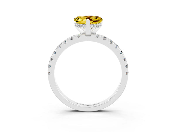 White gold Heart Cut Yellow Sapphire Solitaire Ring with Round  Pavé Band and Four-Prong Setting