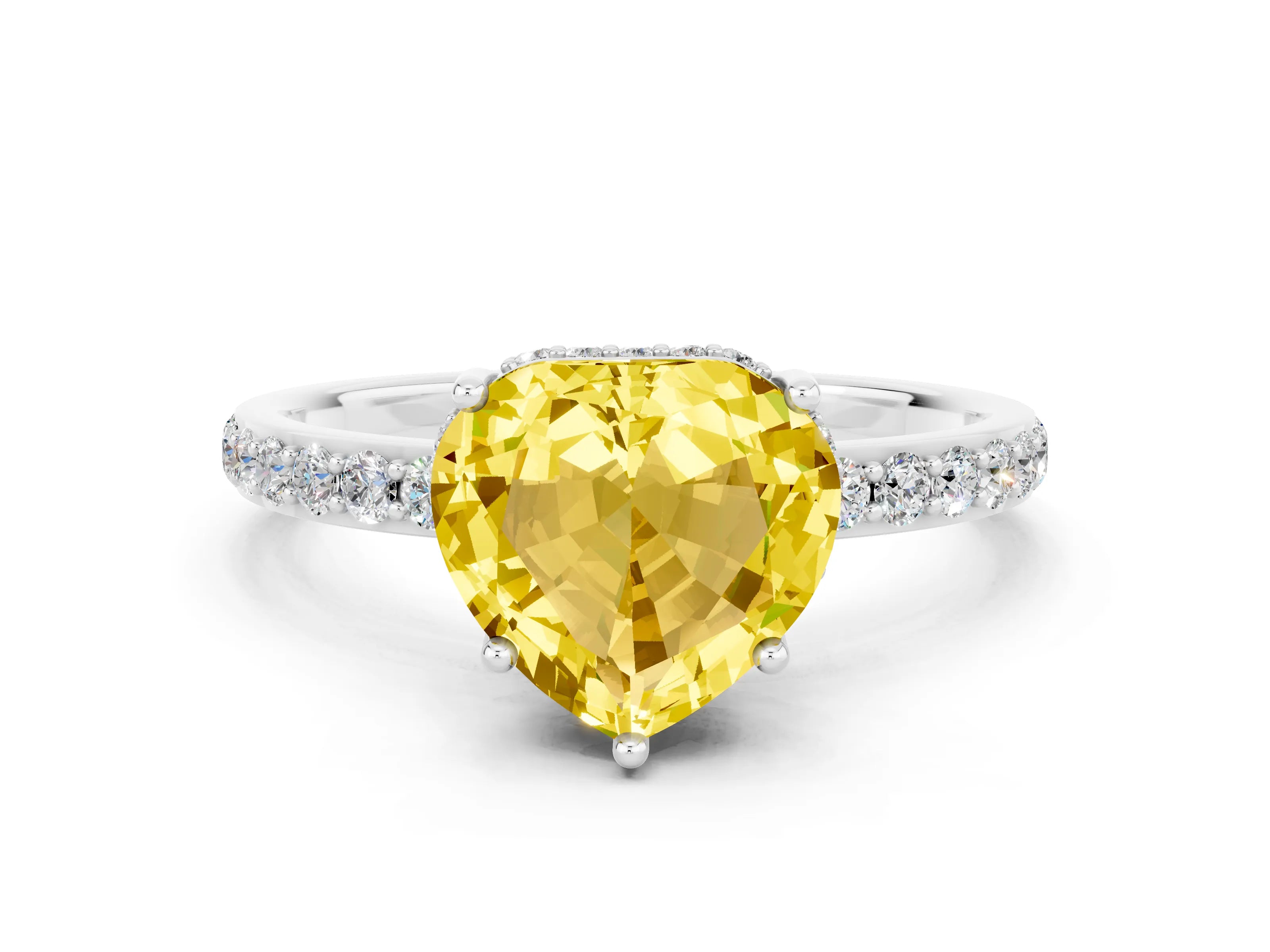 White gold Heart Cut Yellow Sapphire Solitaire Ring with Pavé Band and Hidden Halo_12
