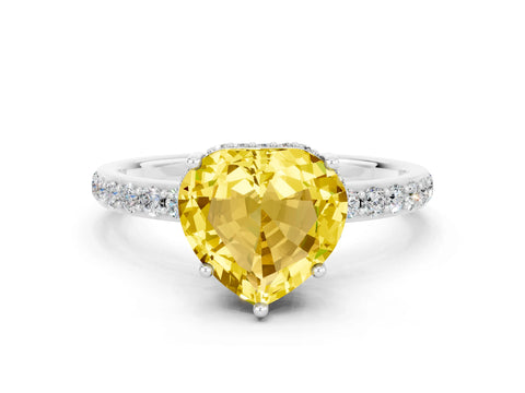 White gold Heart Cut Yellow Sapphire Solitaire Ring with Pavé Band and Hidden Halo_24