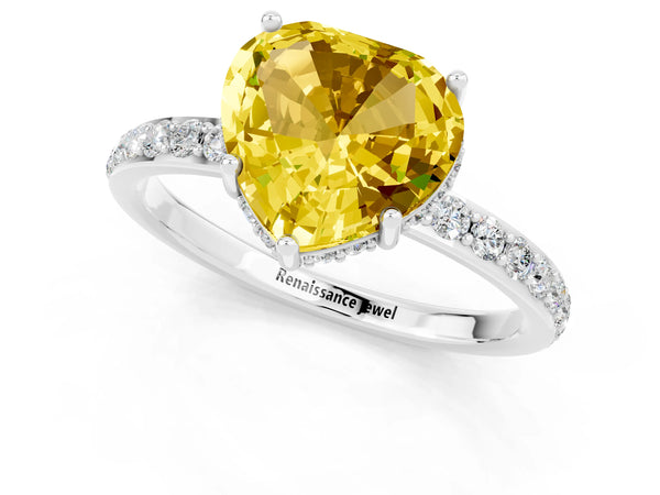 White gold Heart Cut Yellow Sapphire Solitaire Ring with Pavé Band and Hidden Halo